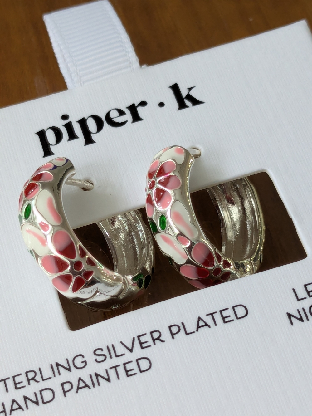 Piper K Silver-Plated Hoop Earrings Pink & Green Floral Enamel Hand Painted NEW